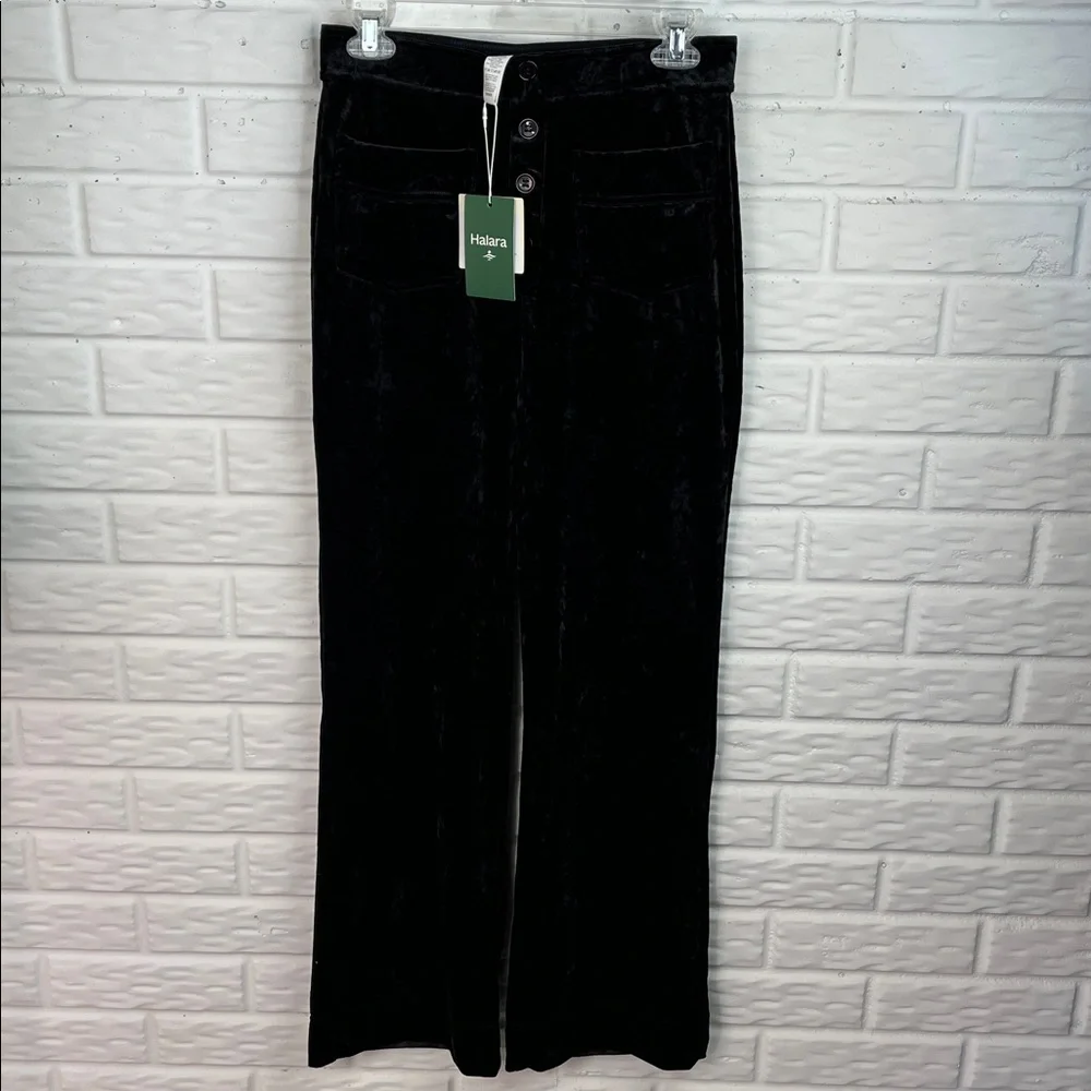 HALARA VELVET BLACK HIGH WAISTED WIDE LEG FRONT POCKET PULL ON PANTS SZ MED NWT - Picture 2 of 12